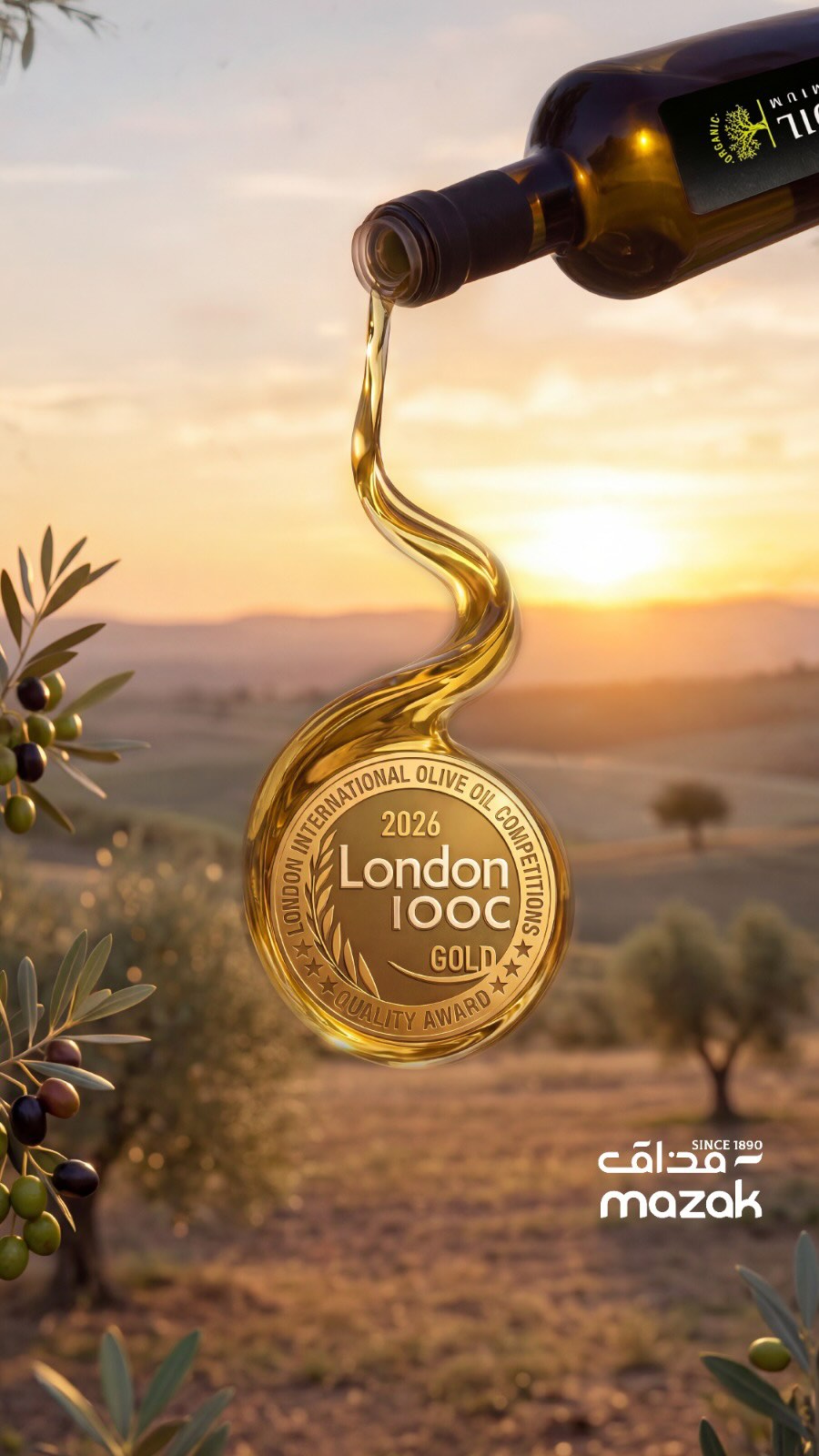 Mazak olive oil poured from the bottle, forming the London IOOC 2026 Gold medal over the groves at sunset